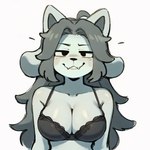 anthro big_breasts breasts dymaxion female fur gray_hair hi_res looking_at_viewer simple_background smile smiling_at_viewer solo solo_focus temmie_(undertale) undertale_(series) white_background white_body white_fur