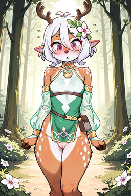 anthro blush bottomless clothed clothing female forest forest_background genitals looking_at_viewer nature nature_background plant pussy solo standing tree denis0k cervid mammal hi_res