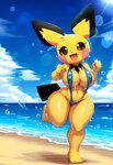 anthro barefoot beach beach_background big_breasts bikini breasts camel_toe clothing eyelashes feet female glistening glistening_body mostly_nude nipple_outline oiled oiled_body outside pokemon running seaside sling_bikini smile smiling_at_viewer solo swimwear thick_thighs wide_hips yellow_body javvy generation_2_pokemon pichu pokemon_(species) full-length_portrait hi_res portrait