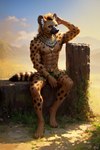 abs anthro areola athletic black_nose clothed clothing cloud day hyaenid jewelry male mammal muscular muscular_male navel necklace nipples outdoors outside partially_clothed plant shadow sitting smiley solo spots spotted_body