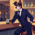 alcohol anthro bar beer beverage black_tie_(suit) blue_body blue_clothing blue_fur bottle brown_body brown_fur clothing fur head_tuft inside male restaurant solo stable_diffusion suit tuft yiffymix_(model) malachiteai australian_cattle_dog canid canine canis cattledog domestic_dog herding_dog mammal pastoral_dog 1:1