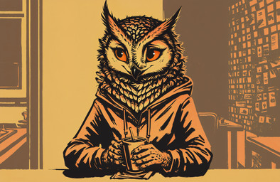 ambiguous_gender anthro beak cafe claws clothed clothing container cup feathers fluffy fully_clothed holding_cup holding_object hoodie looking_away orange_sclera sitting smile solo topwear oldhroft avian bird owl hi_res restricted_palette