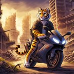 anthro apocalypse backpack black_stripes city city_background city_destruction city_skyline cityscape clothing cloud cloudy debris destruction fallout felid fur jacket jacket_only male mammal markings motorcycle nikkolaus nuclear_apocalypse orange_body orange_fur pantherine post-apocalyptic solo striped_body striped_fur striped_markings striped_tail stripes tail_markings tiger tire topwear vehicle