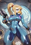 alternate_species anthro beak blonde_hair breasts clothing detailed_background feathers female furrification gun hair long_hair nintendo ponytail ranged_weapon solo weapon zero_suit unknown_director metroid samus_aran avian hi_res