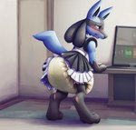 blush bodily_fluids clothing computer diaper generation_4_pokemon genital_fluids inside lucario maid_uniform male pokemon_(species) soggy_diaper solo uniform urine urine_in_diaper using_diaper wet_diaper wetting worried