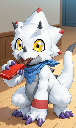 2_horns 3_fingers 3_toes anthro belly blue_scarf blush blush_lines candy chocolate claws dessert eating fangs feet finger_claws fingers food frill_(anatomy) grey_belly horn inside long_tail male pointed_tail purple_claws scarf solo spikes teeth toe_claws toes white_body wood_floor yellow_eyes yiff_ai_(director) digimon digimon_ghost_game ceratopsian digimon_(species) dinosaur gammamon ornithischian reptile scalie hi_res