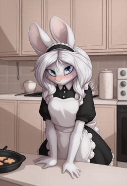 anthro blue_eyes blush clothing female fur hair kitchen maid_uniform solo uniform white_body white_fur white_hair neural_bunny lagomorph leporid mammal rabbit hi_res