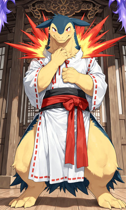 4_toes 5_fingers anthro asian_clothing blue_bottomwear blue_clothing blue_skirt bottomwear clothing costume east_asian_clothing feet fingers fire japanese_clothing looking_at_viewer male mouth_closed red_eyes shrine skirt smile solo toes yellow_body knock50927 nintendo pokemon generation_2_pokemon pokemon_(species) typhlosion hi_res