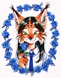 anthro female flower fur green_eyes inner_ear_fluff necktie plant prick_ears smile solo spots spotted_body spotted_fur teeth tuft anonymous_director invoke_high felid feline mammal hi_res