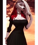 anthro black_clothing bottomwear breasts canid canine canis claws cleavage clothed clothing female fur hair looking_at_viewer mammal narrowed_eyes naughty_face pleated_skirt red_hair seductive skirt smile solo tahlia_(director) white_body white_fur white_hair wolf