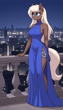 anthro blonde_hair blue_clothing blue_dress blue_eyes breasts brown_body brown_fur city city_background cityscape clothing curvy_figure cutie_mark dress eyelashes female fur hair long_dress night railing smile solo standing stones tail tight_clothing upscale thefuncave friendship_is_magic my_little_pony fan_character sprockette_(thefuncave) equid equine horse mammal pony absurd_res edit hi_res