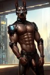 abs anthro bodily_fluids brown_body canid canine canis clothed clothing cum cum_drip cybernetics cyberpunk dobermann domestic_dog dripping genital_fluids genitals humanoid_genitalia humanoid_penis machine male mammal muscular muscular_male navel nipples orange_eyes partially_clothed pecs penis pinscher smiley solo sweat