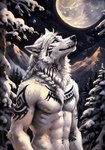 anthro arctic_wolf athletic braided_hair canid canine canis full_moon fur grey_eyes hair looking_up male mammal markings moon mountains neck_tuft night outdoors painting snow_on_branches solo standing tattoo tribal tribal_markings tuft white_body white_fur white_hair wolf wolfik