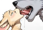anthro blush bodily_fluids duo faceless_character faceless_male facial_markings french_kissing fur fur_tuft green_eyes grey_body grey_fur half-closed_eyes head_markings head_tuft kissing male male/male markings narrowed_eyes open_mouth saliva simple_background size_difference snout snout_markings stable_diffusion tan_body tan_fur teeth tongue tuft whiskers white_background fynnfox canid canine canis fennec fox mammal wolf hi_res