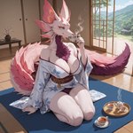 anthro asian_clothing beverage black_claws blue_eyes breasts chest_tuft claws cleavage clothed clothing container cup drinking east_asian_clothing female fin fluffy fluffy_tail head_fin japanese_architecture japanese_clothing kimono mythology neck_tuft on_knees plant_pot sitting_on_ground solo tendrils tuft whigwham leviathan_(mh) mizutsune mythological_creature absurd_res hi_res