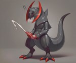 anthro bodily_fluids cum cumshot ejaculation eyes_closed genital_fluids genitals male masturbation penis simple_background solo standing lightning7 nintendo pokemon generation_5_pokemon haxorus pokemon_(species) hi_res