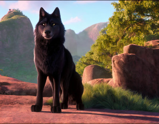 ambiguous_gender black_body black_fur deepdream feral fur leaf mountain mountains outside rock solo canid canine canis mammal wolf 2022