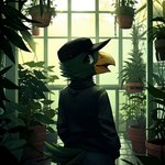 1:1 anthro anxiety avian baseball_cap beak bird black_body black_eyes clothed clothing corvid corvus_(genus) crow feathers germ_warfare_(nitw) greenhouse hat headgear headwear inside looking_at_viewer looking_back looking_back_at_viewer male night_in_the_woods oscine passerine plant rear_view solo tail_feathers vivarium yellow_beak