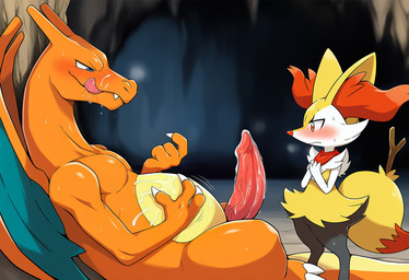 after_orgasm ascot beckoning blush bodily_fluids cave cavern cum cum_on_body cum_on_face duo erection female feral genital_fluids gesture licking licking_lips lying_on_back male male/female nervous saliva size_difference standing sweat tongue tongue_out stressedout nintendo pokemon braixen charizard generation_1_pokemon generation_6_pokemon pokemon_(species)