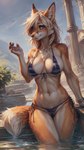 anthro big_breasts blue_eyes breasts canid canine female fox hi_res looking_at_viewer mammal multicolored_body partially_submerged solo standing swimsuit_bikini two_tone_body