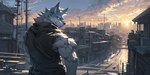 2023 anthro belt black_nose blue_eyes canid canine canis city city_background clothed clothing cloud colored detailed_background hi_res looking_at_viewer looking_back looking_back_at_viewer male mammal muscular muscular_anthro muscular_male smile solo sun wolf zreo0000