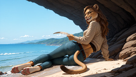4_toes 5_fingers amazing_background anthro arm_support barefoot beach belt biped bottomwear breasts brown_hair butt butt_pose cave claws clothed clothing cloud countershading day denim denim_bottomwear denim_clothing detailed_background digitigrade dipstick_tail eyewear fangs feet female fingers fur furgonomic glasses hair hindpaw holding_object jeans long_hair looking_at_viewer looking_back looking_back_at_viewer lying markings midriff mountain on_side open_mouth outside pants pawpads paws pink_nose pink_pawpads pose rear_view sand sea seaside sky smile soles solo sweater tail tail_clothing tail_markings tan_body tan_fur teeth toe_claws toes tongue topwear tuft water whiskers crashbandit cougar felid feline lion mammal pantherine comfyui_(software) detailed digital_media_(artwork) illustrioussnafusuper_(model) nai-diffusion-4-full_(model) prompt_metainfo