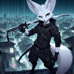 anthro black_clothing city city_background clothing dall-e_3 detailed_background fingerless_gloves front_view fur gloves handwear holding_object holding_weapon katana male melee_weapon night raining rooftop serious solo standing sword weapon white_body white_fur lucifluffy wilek canid canine fennec fox mammal detailed