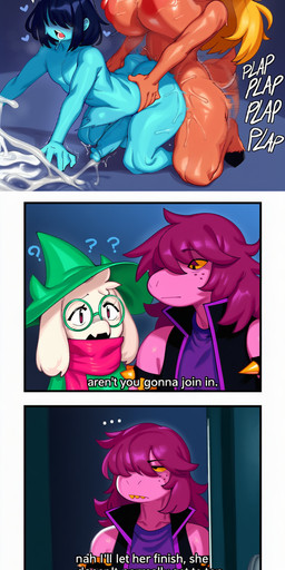 <3 anthro blue_body blue_skin blush bodily_fluids breasts clothed clothing dialogue eyewear female fur glasses group hair hair_over_eyes hat headgear headwear horn intersex intersex/female male penetration purple_hair scarf sex smile text text_box white_body white_fur hellsonger deltarune undertale_(series) kris_(deltarune) noelle_holiday ralsei susie_(deltarune) bovid caprine darkner goat human humanoid mammal reptile scalie absurd_res comic english_text hi_res long_image tall_image