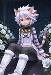 amber_eyes anthro blush clothed clothing ear_piercing facial_markings female fur head_markings looking_at_viewer markings piercing pink_body pink_fur sitting_on_ground sky solo star starry_sky white_rose mrchow solatorobo elh_melizee american_shorthair domestic_cat felid feline felineko felis mammal hi_res