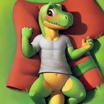 anthro bedding belly blanket blush bottomless brown_eyes clothed clothing cover dinosaur dinosaur_skin grass green_body green_skin lying lying_on_back male methuzalach muscular muscular_male navel on_back plant reptile scalie shamed solo spread_legs spreading teeth topwear white_clothing white_topwear yellow_belly