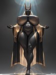 anthro areola big_breasts black_body black_fur breasts chubby_female clothing egyptian egyptian_clothing female front_view fur genitals gold_clothing huge_breasts imposing long_ears long_legs low-angle_view magic nipples overweight pussy robe sagging_breasts solo standing tall tall_female translucent anubian_jackal canid canine canis deity jackal mammal absurd_res hi_res