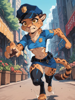 3_toes 4_fingers abs accidental_exposure annoyed anthro arm_tuft athletic athletic_anthro athletic_female belt black_clothing blue_clothing blue_underwear bottomwear breasts brown_body building camel_toe cheek_tuft chest_tuft city city_background claws clenched_teeth clothed clothing countershading crop_top day detailed_background digitigrade elbow_tuft facial_tuft feet female finger_claws fingers food frown fur glistening hat headgear headwear inner_ear_fluff legwear looking_at_viewer markings medium_breasts midriff miniskirt motion_lines multicolored_body navel nipple_outline orange_body orange_fur outside panties panty_shot pawpads paws pink_nose plant police police_badge police_hat police_officer police_uniform running shirt skimpy skirt solo spots spotted_body spotted_fur stockings striped_markings striped_tail stripes tail tail_markings tan_body tan_fur teeth text thick_thighs thigh_highs thong_straps tight_clothing toe_claws toeless_legwear toes topwear tuft under_boob underwear uniform upskirt white_clothing yellow_body yellow_eyes yellow_fur alucard_(director) kii_catano cheetah felid feline mammal absurd_res hi_res