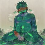 1:1 ahegao balls beard bodily_fluids cross-eyed digital_media_(artwork) facial_hair genital_fluids genitals goo_creature goo_humanoid green_body green_skin hair humanoid kneeling looking_pleasured male mammal melting musclegut open_mouth overweight overweight_male pecs penis precum shaded short_hair solo theslimeguy