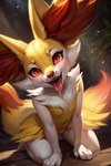 bodily_fluids fangs female looking_back navel red_eyes saliva smile solo tongue tongue_out reinuko braixen generation_6_pokemon pokemon_(species)