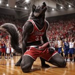 animal_genitalia animal_penis anthro basketball_court basketball_uniform black_body black_fur bodily_fluids bottomwear canid canine canine_genitalia canine_penis canis clothing cum ejaculation eyes_closed fur genital_fluids genitals gym_bottomwear gym_clothing gym_shorts hi_res junothewoofer kneeling knot looking_up male mammal open_mouth penis penis_through_fly poking_out public public_exposure shorts solo sportswear underwear uniform wolf