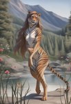 ai_tagging_(redrocket) anthro black_stripes blue_eyes breasts brown_hair casual_nudity countershading day detailed_background digitigrade featureless_breasts feet female flower forest fur grass hair lake long_hair looking_at_viewer mountain mountains nude orange_body orange_fur outside pinup plant pose rock semi-anthro sky solo standing striped_body striped_fur stripes summer tail tasteful_nudity tree water whiskers white_body white_fur director_crashbandit felid mammal pantherine tiger digital_media_(artwork) hi_res novelai