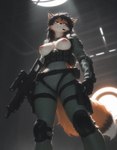 anthro black_hair breasts exposed_breasts female gun hair headgear headphones headset long_hair messy_hair nipples ranged_weapon solo solo_focus tactical_gear weapon jesseenemygamer canid canine fox mammal hi_res