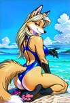 anthro backless_clothing backless_swimsuit beach bikini biped blonde_hair breasts butt clothing cloud detailed_background eyelashes female flowing_hair fluffy fluffy_tail fur hair half-closed_eyes long_hair long_tail looking_at_viewer looking_back narrowed_eyes nipple_outline one-piece_swimsuit open-back_swimsuit outside pawpads paws pose sand sea seaside sitting sky smile solo swimwear tail tight_clothing two-piece_swimsuit water carnivalecloudmuncher canid canine fox mammal hi_res