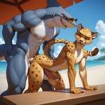 abs anal anal_penetration anthro balls beach bent_over biceps bodily_fluids cum cum_on_penis cumshot doggystyle duo ejaculation ejaculation_while_penetrated erection eyewear eyewear_on_head from_behind_position fur genital_fluids genitals gills grey_body grey_skin hand_on_butt hands-free looking_at_another looking_at_partner looking_back looking_down looking_pleasured male male/male motion_lines muscular muscular_anthro muscular_male muscular_thighs nipples nude open_mouth outdoor_nudity outside outside_sex palm_tree pecs penetration penis plant raised_tail sand seaside sex size_difference slim smile spots spotted_body spotted_fur sunglasses sunglasses_on_head teeth tree umbrella white_body white_fur yellow_body yellow_eyes yellow_fur bmrwcl cheetah felid feline fish mammal marine shark hi_res