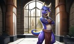 2_horns 3_fingers anthro blue_body bottomwear claws clothed clothing crossed_arms detailed_background fingers gloves handwear horn inside loincloth male plant scales slight_blush solo tail text white_horn yellow_eyes sergalbutt kobold scalie hi_res signature url