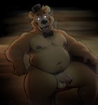 anthro balls black_eyes bowtie clothing creepy dark dark_theme five_nights_at_freddy's foreskin fur genitals glitch_art golden_freddy_(fnaf) hat headgear headwear looking_at_viewer male mammal nipples open_mouth penis scottgames sitting solo thick_penis ursid yellow_body yellow_fur