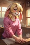 abbey anthro blonde_hair clothing female floppy_ears hair pink_clothing pink_shirt pink_topwear shirt solo topwear mindry lagomorph leporid mammal rabbit