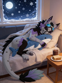 anthro black_body eyes_closed fur lying male on_side purple_body sleeping solo white_body white_fur ava'kuma belz(ava'kuma) mammal novabeast absurd_res hi_res
