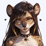 <3 animal_ears anthro brown_hair collar collarbone face_focus female female_focus hair long_hair looking_at_viewer multicolored_hair simple_background smile solo solo_focus spiked_collar spikes yellow_eyes director_yeenashaven kayya_(yeenashaven) hyaenid mammal absurd_res hi_res portrait