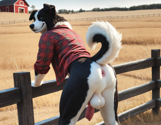 animal_genitalia animal_penis anthro anus backsack ball_tuft balls barn bent_over big_balls big_penis black_body black_ears black_fur black_lips black_nose bottomless butt canine_genitalia canine_penis clothed clothing curled_tail erection farm fence flannel_shirt floppy_ears fluffy fluffy_balls fluffy_tail fur genitals grass green_eyes knot leaning_on_railing light lips looking_at_viewer looking_back looking_back_at_viewer male multicolored_body multicolored_fur nature nature_background neck_tuft outside penis pink_anus plant presenting presenting_anus presenting_hindquarters raised_tail realistic rear_view red_penis saggy_balls smile solo standing sunlight tree tuft two_tone_body two_tone_fur two_tone_tail unbuttoned_shirt vein veiny_penis white_balls white_body white_butt white_fur wide_stance sausagerechts border_collie canid canine canis collie domestic_dog herding_dog mammal pastoral_dog sheepdog absurd_res hi_res