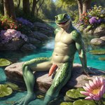 anthro balls biped countershade_face countershade_torso countershading feet fingers flower genitals green_body lily_pad male open_mouth open_smile partially_submerged penis plant smile solo toes water logically amphibian frog hi_res