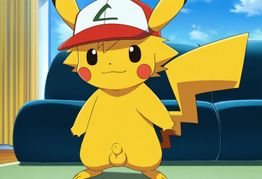 animal_genitalia balls carpet clothing cloud curtains detailed_background feet feral fully_sheathed fur furniture genitals hair hat hat_only headgear headgear_only headwear headwear_only inside looking_at_viewer male mostly_nude sheath sky smile sofa solo standing style_emulation tail window yellow_balls yellow_body yellow_fur jomisa nintendo pokemon ashchu generation_1_pokemon mammal pikachu pokemon_(species) rodent