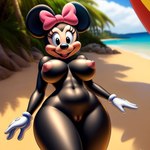 accessory anthro beach big_breasts big_ears black_body black_breasts bow_ribbon breasts clothing disney female genitals gloves hair_accessory hair_bow hair_ribbon handwear looking_at_viewer nipples nude pink_bow pussy ribbons seaside smile solo white_clothing white_gloves white_handwear minnie_mouse mammal mouse murid murine rodent