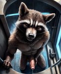 absurd_res anthro bodily_fluids cum dfw eyes_closed genital_fluids genitals hi_res male mammal masturbation on_ground on_knees penis procyonid raccoon rocket_raccoon shower solo spacecraft vehicle