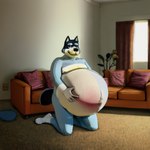 anthro belly belly_blush black_body black_fur black_nose blue_body blue_fur blush body_blush curtains fur furniture hand_on_stomach kneeling living_room low_effort male pregnant pregnant_male sofa solo stable_diffusion window yellow_body yellow_fur yiffymix_(model) malachiteai bluey_(series) bandit_heeler australian_cattle_dog canid canine canis cattledog domestic_dog herding_dog mammal pastoral_dog